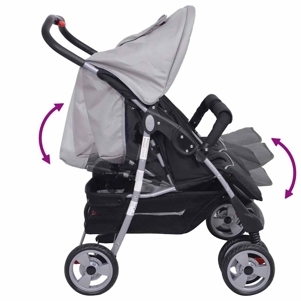 Zwillingskinderwagen Stahl Grau und Schwarz